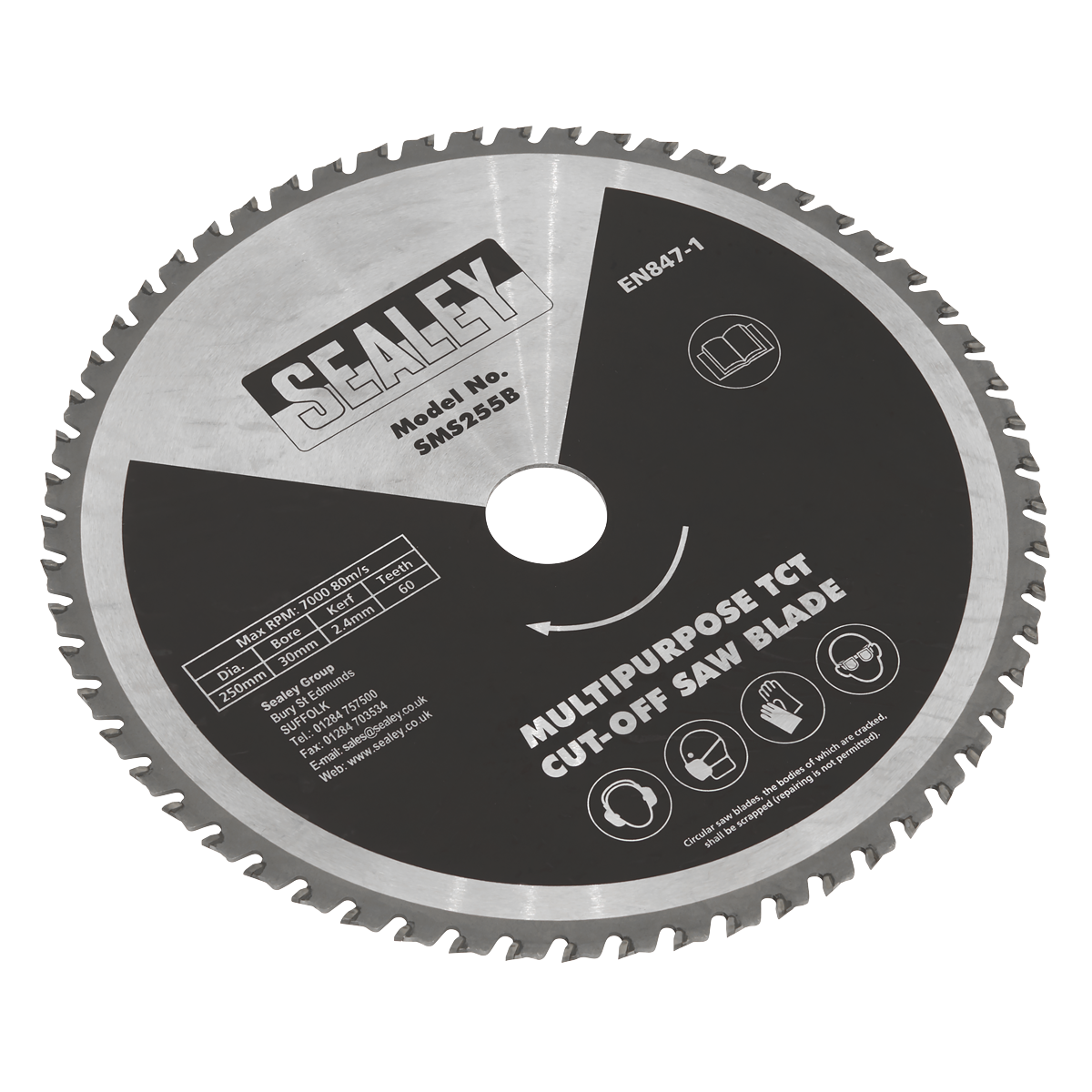 This Sealey multipurpose cut-off saw blade, model SMS255B, features detailed specifications right on the surface. With its 60-tooth TCT design, the blade has a silver edge and a black center and is highly efficient for cutting steel and wood. The product name is "Multipurpose Cut-Off Saw Blade Ø250 x 2.4mm/Ø30mm 60tpu - SMS255B.