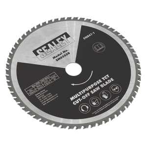 This Sealey multipurpose cut-off saw blade, model SMS255B, features detailed specifications right on the surface. With its 60-tooth TCT design, the blade has a silver edge and a black center and is highly efficient for cutting steel and wood. The product name is "Multipurpose Cut-Off Saw Blade Ø250 x 2.4mm/Ø30mm 60tpu - SMS255B.