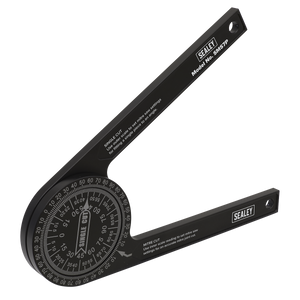 A black adjustable Mitre Saw Protractor from Sealey, model number SMS7P, showing angles in degrees for miter and single cuts. Made from durable aluminium, it features precision laser engraved scales for marking and measuring angles across a wide range of uses.