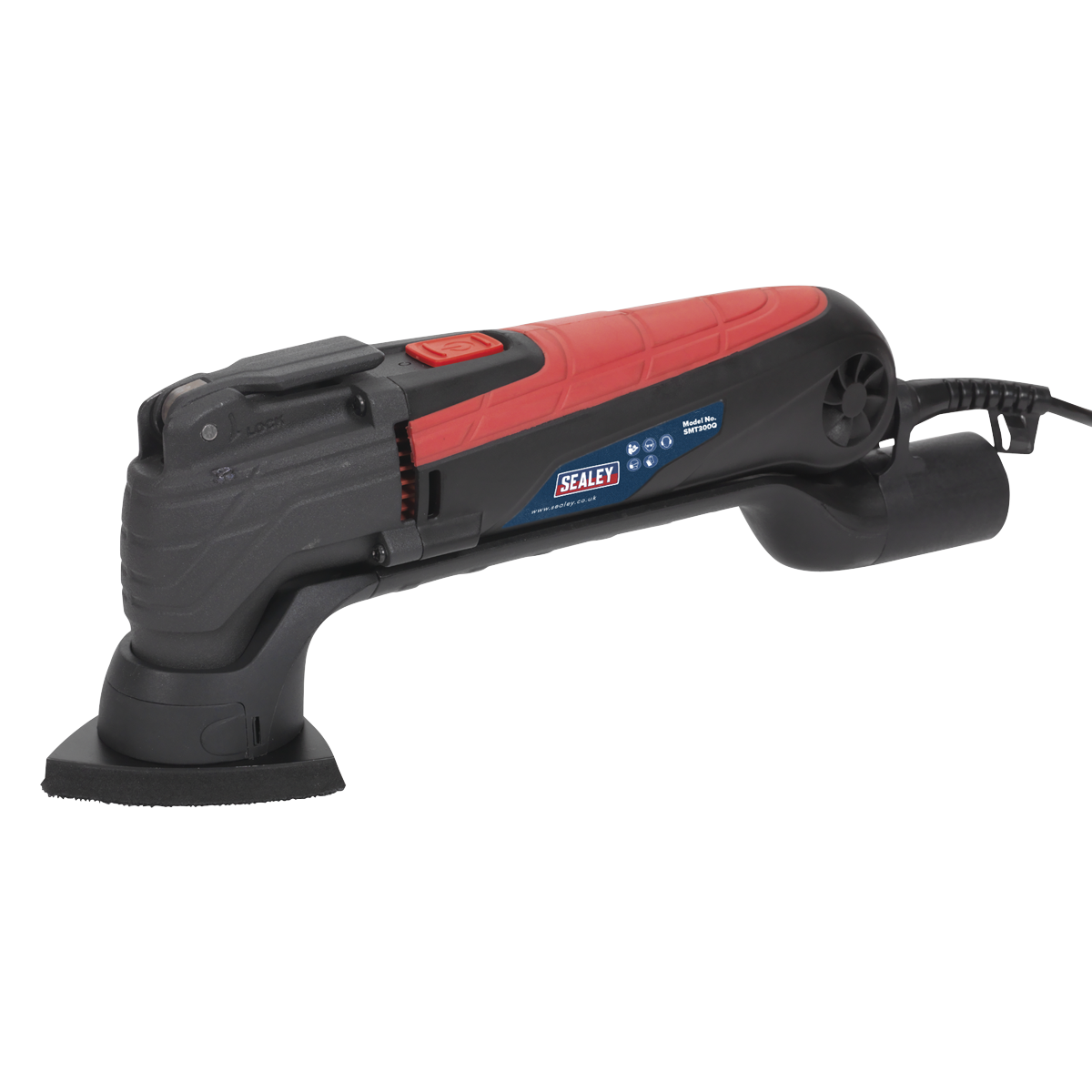 Sealey Oscillating Multi-Tool 300W Quick Change - SMT300Q in red and black with a triangular sanding pad attached, equipped with a quick release lever, lying on a white surface.