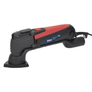 Sealey Oscillating Multi-Tool 300W Quick Change - SMT300Q in red and black with a triangular sanding pad attached, equipped with a quick release lever, lying on a white surface.