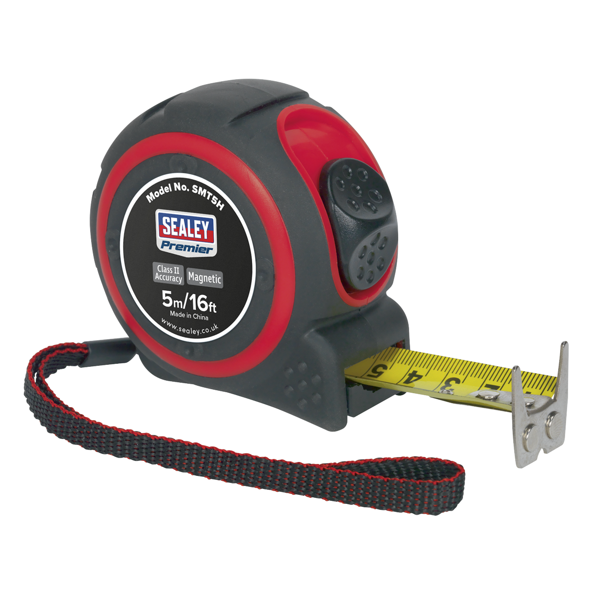 Introducing the Sealey Heavy-Duty Tape Measure 5m (16ft) - SMT5H: a highly durable black and red measuring tape from the Premier Hand Tools range, featuring a yellow metric/imperial rule tape, a magnetic tip, and an attached black wrist strap.