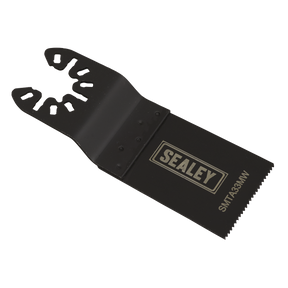The Sealey Multi-Tool Blade Metal & Wood 33mm (SMTA33MW) is a black bi-metal saw blade attachment with a serrated edge and multiple mounting holes, ideal for cutting wood and soft metals.