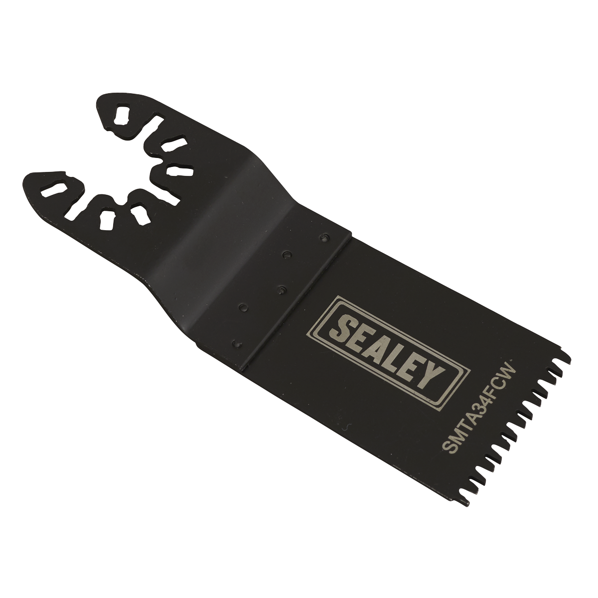 A Sealey branded black metal saw blade, labeled "SMTA34FCW," with a flat body and a toothed cutting edge engineered for faster wood cutting, featuring durable HCS blade construction.