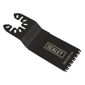 A Sealey branded black metal saw blade, labeled "SMTA34FCW," with a flat body and a toothed cutting edge engineered for faster wood cutting, featuring durable HCS blade construction.