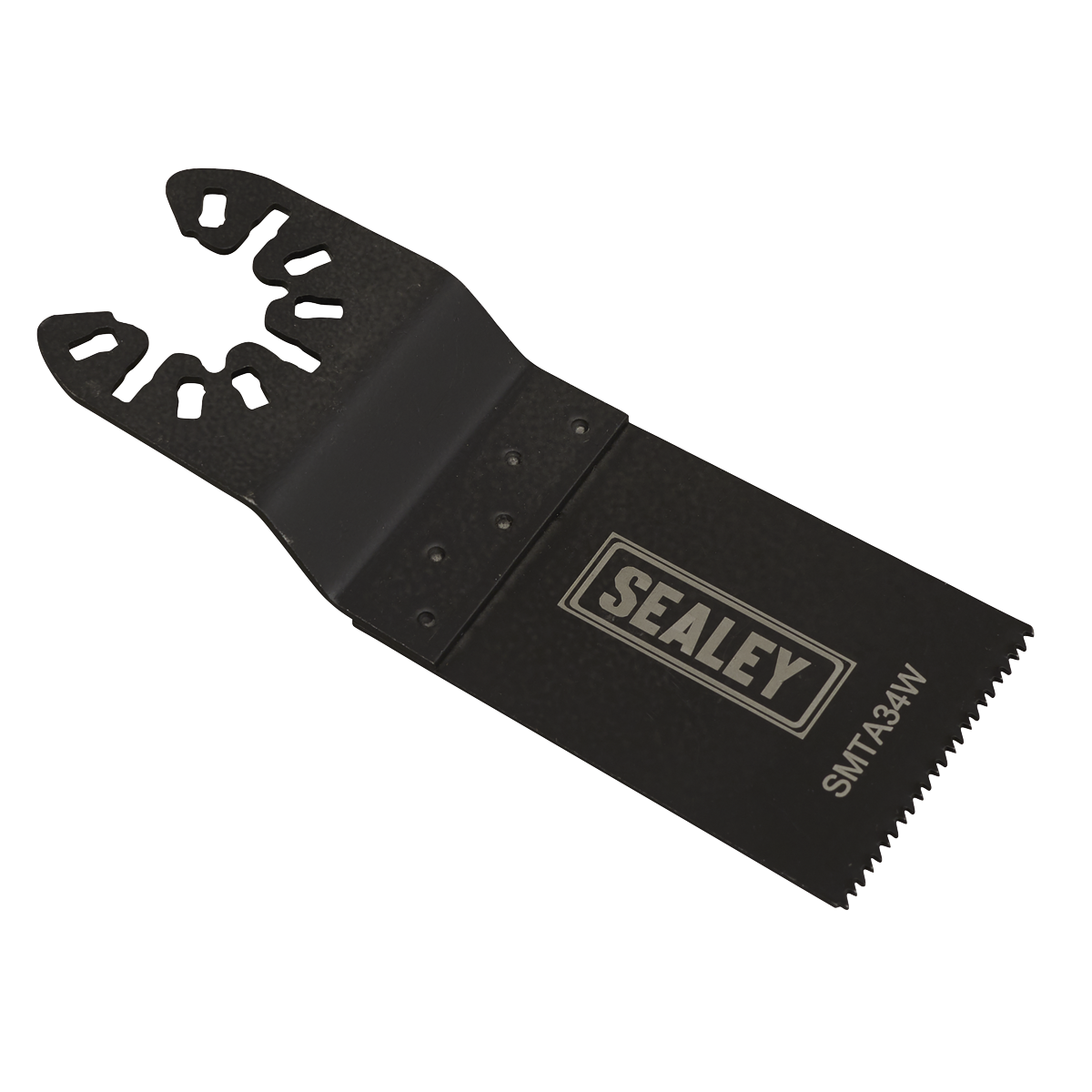 The Sealey Multi-Tool Blade Wood 34mm (SMTA34W) is a black oscillating tool blade featuring a jagged edge, with a 34mm cutting length and a mounting attachment. It is ideal for cutting wood, thanks to its durable HCS blade.