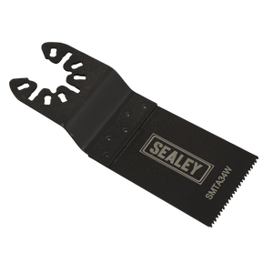 The Sealey Multi-Tool Blade Wood 34mm (SMTA34W) is a black oscillating tool blade featuring a jagged edge, with a 34mm cutting length and a mounting attachment. It is ideal for cutting wood, thanks to its durable HCS blade.