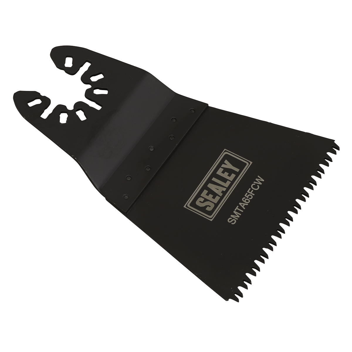 A Sealey Multi-Tool Blade Fast Cutting Wood 65mm (SMTA65FCW) in black, equipped with jagged teeth and a wide base, featuring an HCS blade for faster cutting of wood, plastic, plasterboard, and other materials.