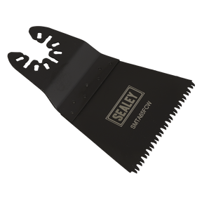 A Sealey Multi-Tool Blade Fast Cutting Wood 65mm (SMTA65FCW) in black, equipped with jagged teeth and a wide base, featuring an HCS blade for faster cutting of wood, plastic, plasterboard, and other materials.
