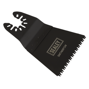 A Sealey Multi-Tool Blade Fast Cutting Wood 65mm (SMTA65FCW) in black, equipped with jagged teeth and a wide base, featuring an HCS blade for faster cutting of wood, plastic, plasterboard, and other materials.