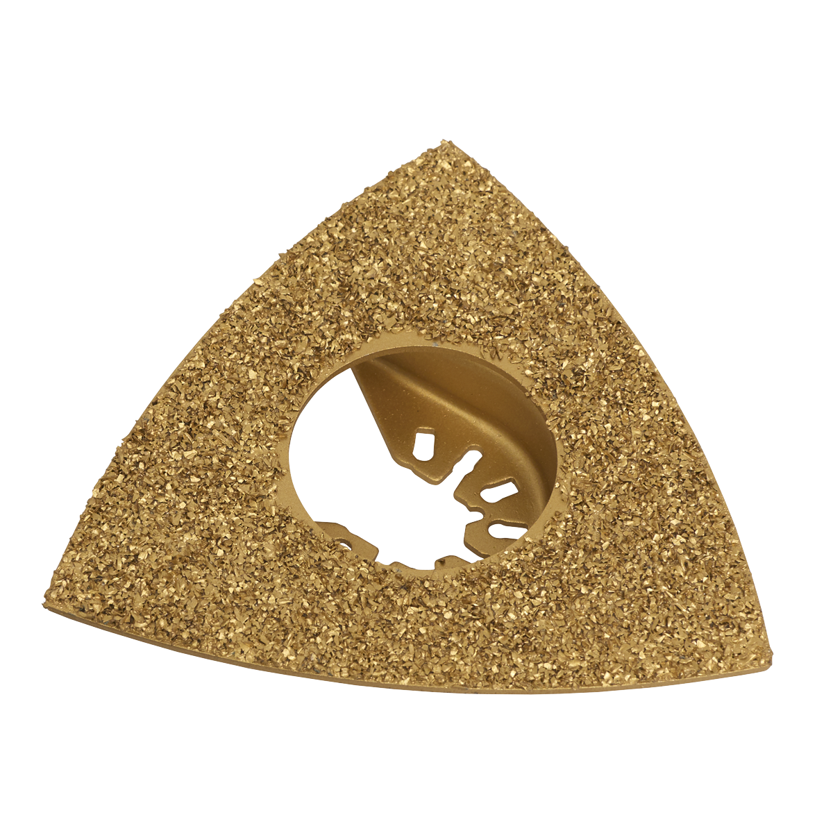 The Sealey Multi-Tool Blade Ceramic 78mm - SMTA78TC is a triangular gold-toned carbide blade with a textured surface, featuring a circular hole in the center and an impressive 78mm cutting length, perfect for cutting ceramic.