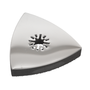 The Sealey Multi-Tool Triangle Backing Pad 88mm - SMTA8 is a triangular, metal multi-functional tool attachment with a central circular cutout featuring several small radial slots. The base includes a black pad-like material designed for use with hook-and-loop backing pads.