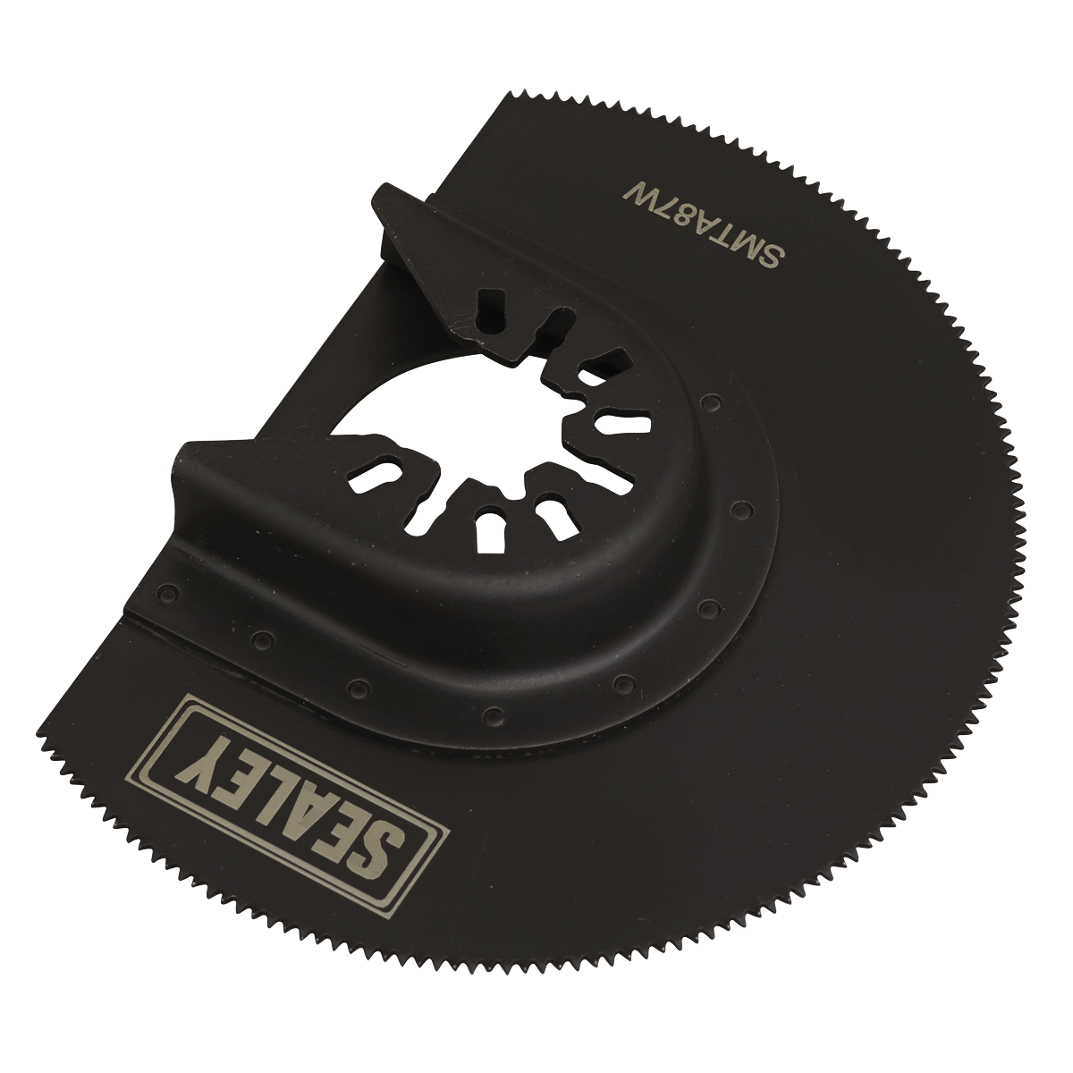 A Sealey Multi-Tool Blade for wood with an 87mm semi-circular design, featuring a black finish, ideal for cutting wood, with the model number SMTA87W.