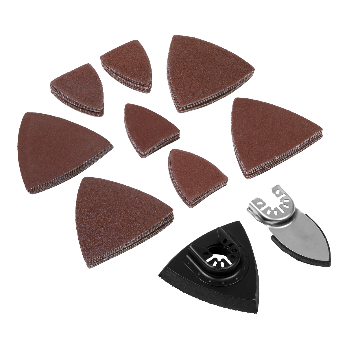 A 82-piece multi-tool sanding set (model SMTA9) from Sealey, which includes triangular brown sanding pads and various metal attachments.