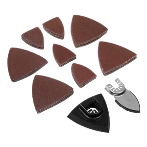 A 82-piece multi-tool sanding set (model SMTA9) from Sealey, which includes triangular brown sanding pads and various metal attachments.