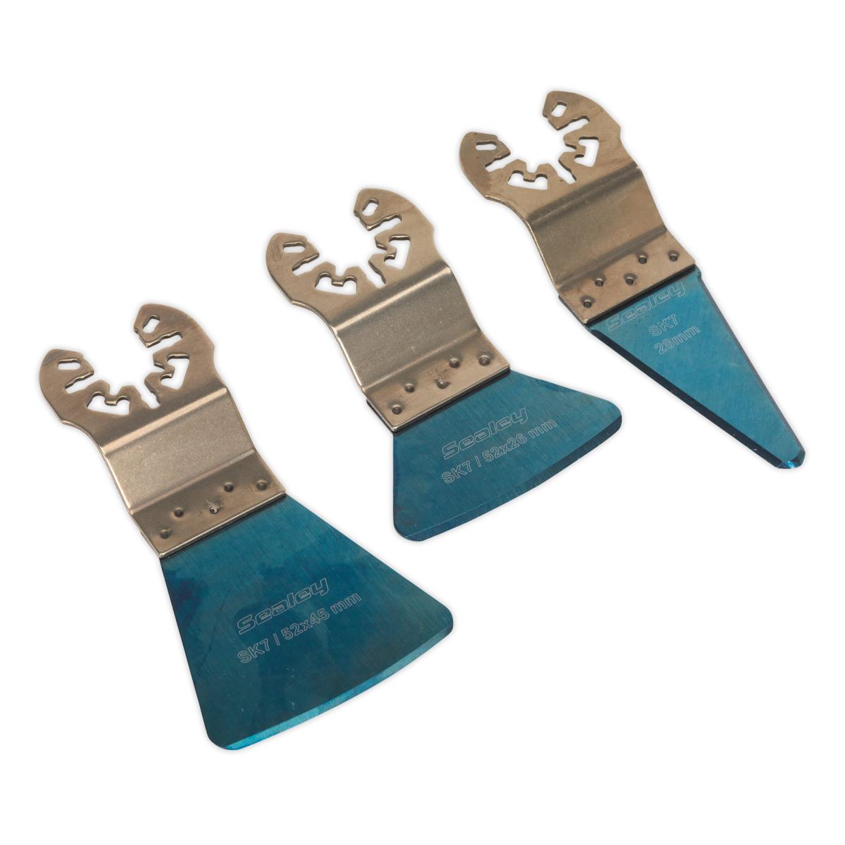 Three Sealey Multi-Tool Scraping Blades (SMTB3) with blue handles, featuring widened blades and a universal quick-change fitting, arranged in a diagonal line.