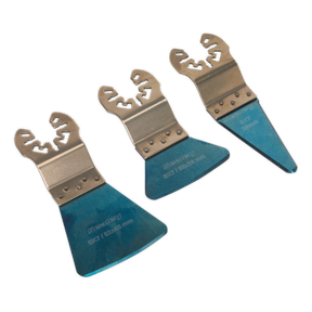 Three Sealey Multi-Tool Scraping Blades (SMTB3) with blue handles, featuring widened blades and a universal quick-change fitting, arranged in a diagonal line.