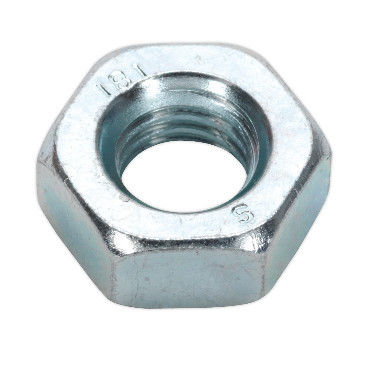 Close-up of a Sealey Steel Nut DIN 934 - M10 Zinc, with threading visible inside. The hexagonal silver nut features the number "131" and letter "S" engraved on its surface. Available in a pack of 100.