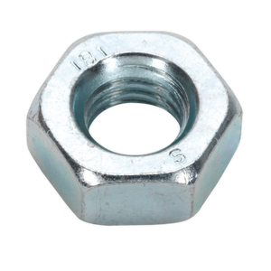 Close-up of a Sealey Steel Nut DIN 934 - M10 Zinc, with threading visible inside. The hexagonal silver nut features the number "131" and letter "S" engraved on its surface. Available in a pack of 100.