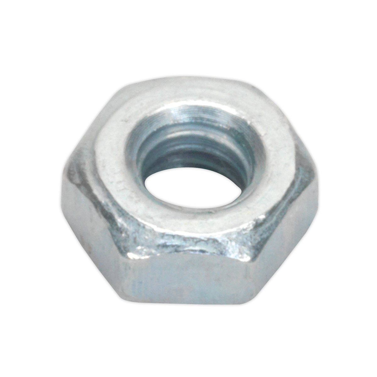 Close-up image of a Sealey Steel Nut DIN 934 - M3 with a threaded hole in the center, part of a pack of 100.