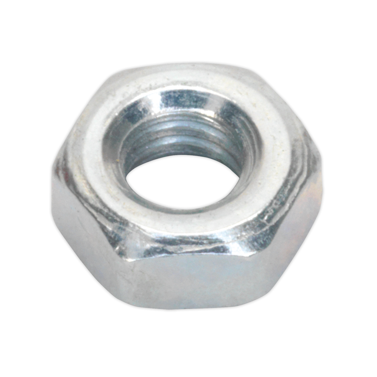 A close-up image of a Sealey Steel Nut DIN 934 - M4 from the SN4 pack of 100, showcasing its six-sided shape and central threaded hole.