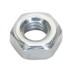 A close-up image of a Sealey Steel Nut DIN 934 - M4 from the SN4 pack of 100, showcasing its six-sided shape and central threaded hole.