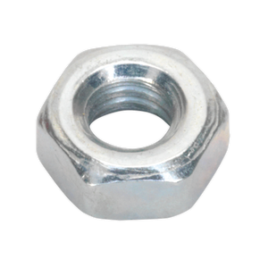 A close-up image of a Sealey Steel Nut DIN 934 - M4 from the SN4 pack of 100, showcasing its six-sided shape and central threaded hole.