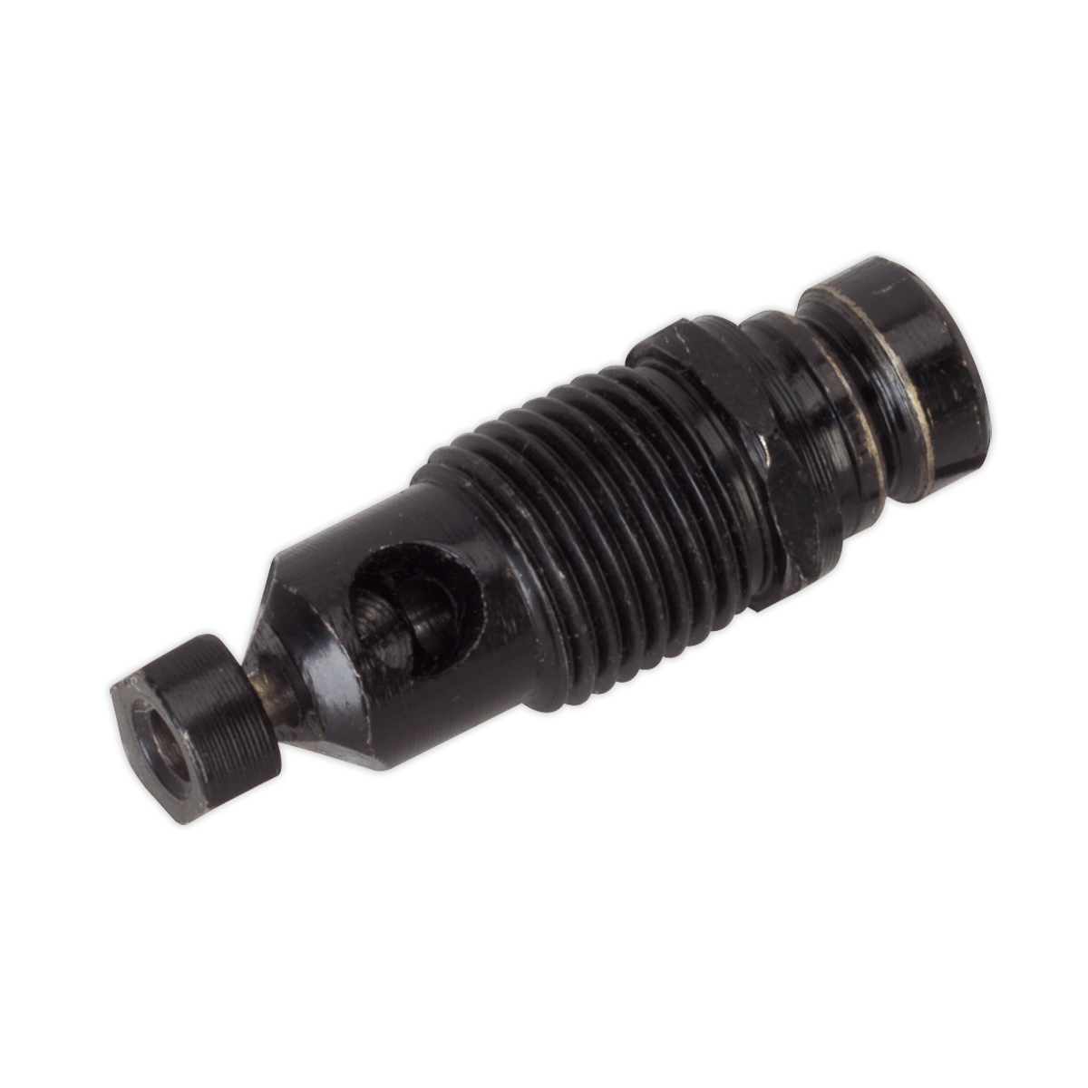 A Sealey black metal threaded component with a cylindrical shape and a hole in the middle. Ideal for various applications, the Die for SNA9821 - SNA9821D promises durability and precision. Refer to product description Model No. SNA9821 for detailed specifications.