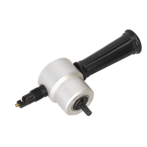 A Sealey Drill Nibbler Attachment - SNA9821, featuring a silver and black metal cylindrical body with a handle, designed for cutting or fastening materials, isolated on a white background.