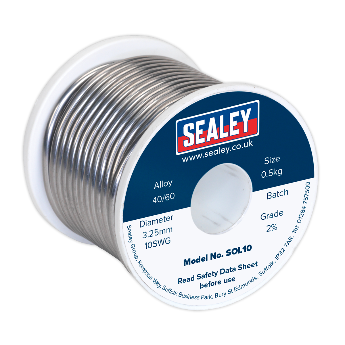 A spool of Sealey branded Solder Wire Quick Flow, model number SOL10, ideal for professional use. This 0.5kg reel features a Tin/Lead 40/60 alloy with a diameter of 3.25mm (10SWG) and Grade 2%. It is resin-cored for efficient work.