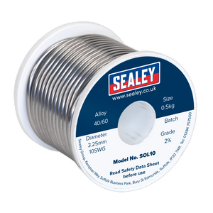 A spool of Sealey branded Solder Wire Quick Flow, model number SOL10, ideal for professional use. This 0.5kg reel features a Tin/Lead 40/60 alloy with a diameter of 3.25mm (10SWG) and Grade 2%. It is resin-cored for efficient work.