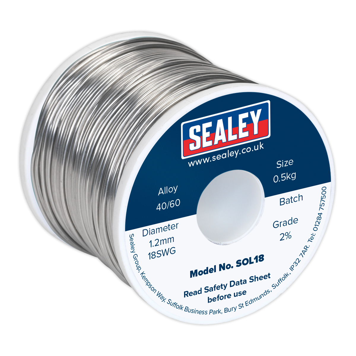 The Sealey Solder Wire Quick Flow 1.2mm/18SWG 40/60 0.5kg Reel (model SOL18) features a tin/lead 40/60 alloy, is resin-cored, and comes on a plastic mini reel with detailed specifications and safety instructions on the label.