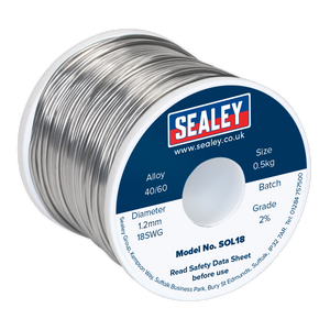 The Sealey Solder Wire Quick Flow 1.2mm/18SWG 40/60 0.5kg Reel (model SOL18) features a tin/lead 40/60 alloy, is resin-cored, and comes on a plastic mini reel with detailed specifications and safety instructions on the label.