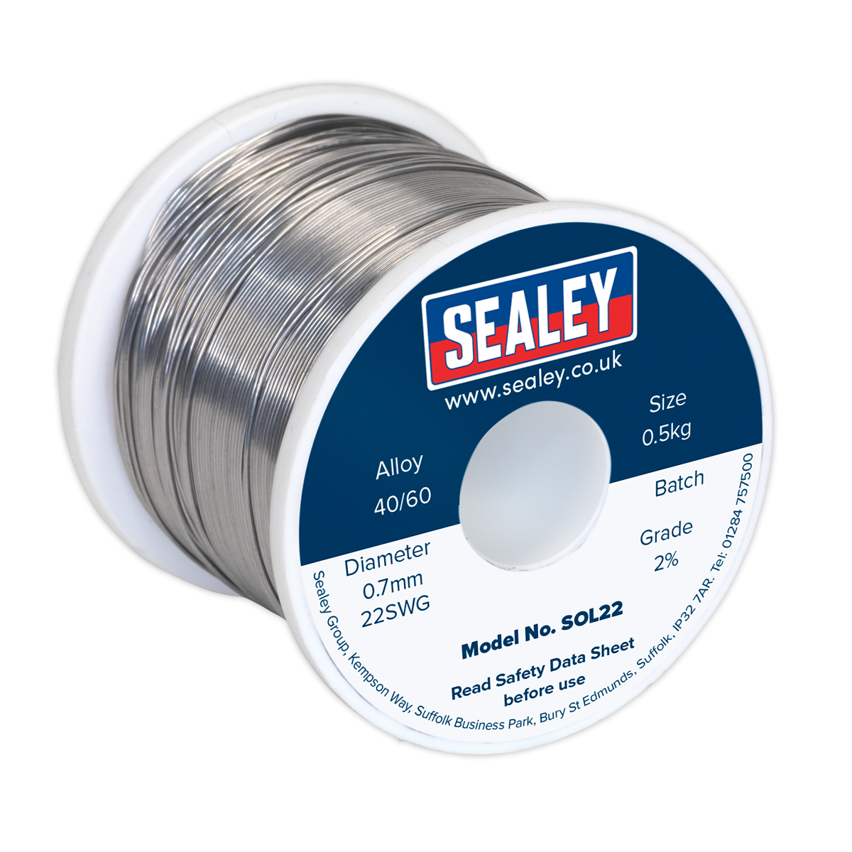 Sealey Solder Wire Quick Flow 2% 0.7mm/22SWG 40/60.5kg Reel - SOL22, with batch and grade details on the label.