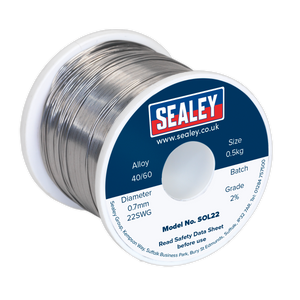 Sealey Solder Wire Quick Flow 2% 0.7mm/22SWG 40/60.5kg Reel - SOL22, with batch and grade details on the label.