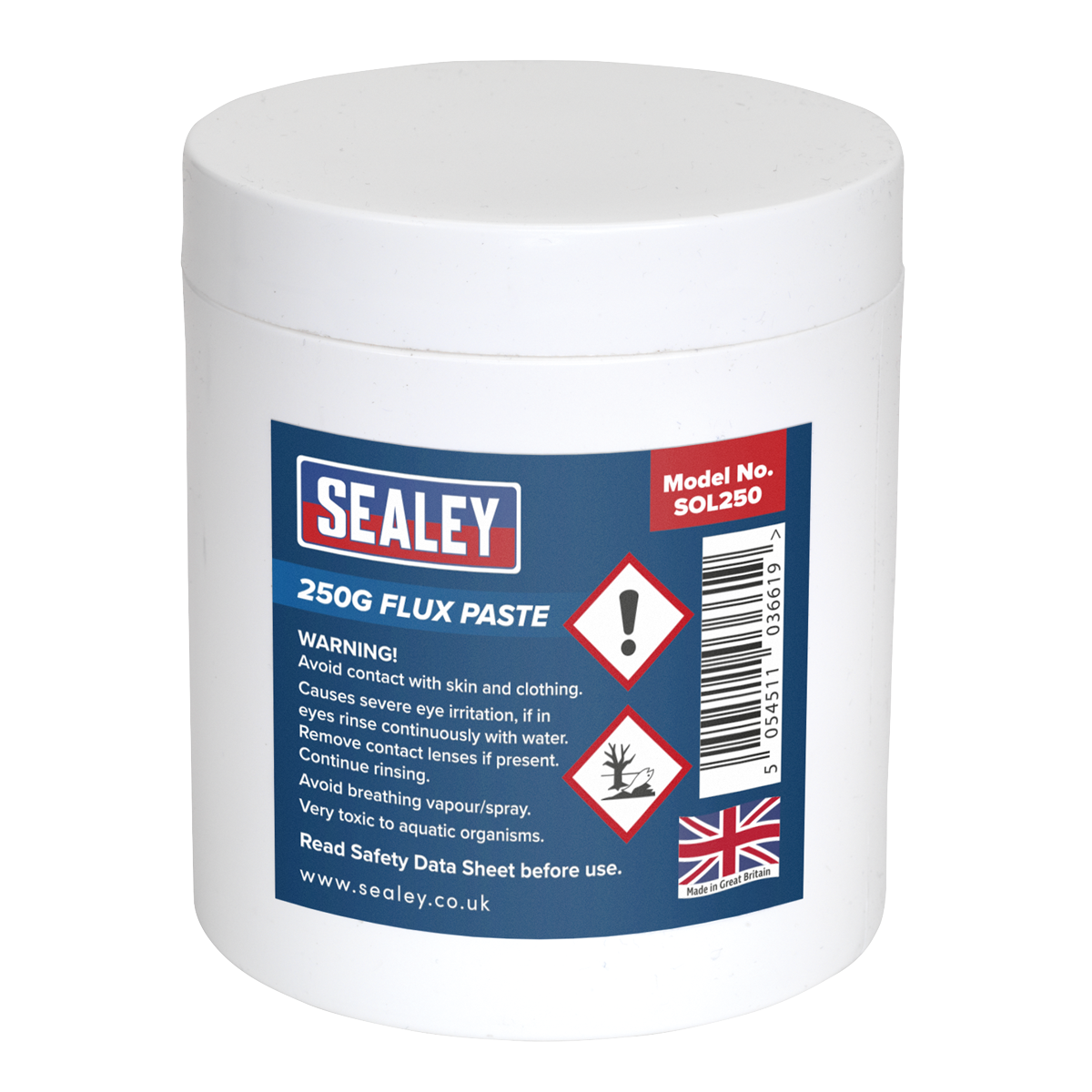 A white plastic tub labeled "Sealey Flux Paste 250g - SOL250" features safety warnings, product information, and a UK flag on the front.