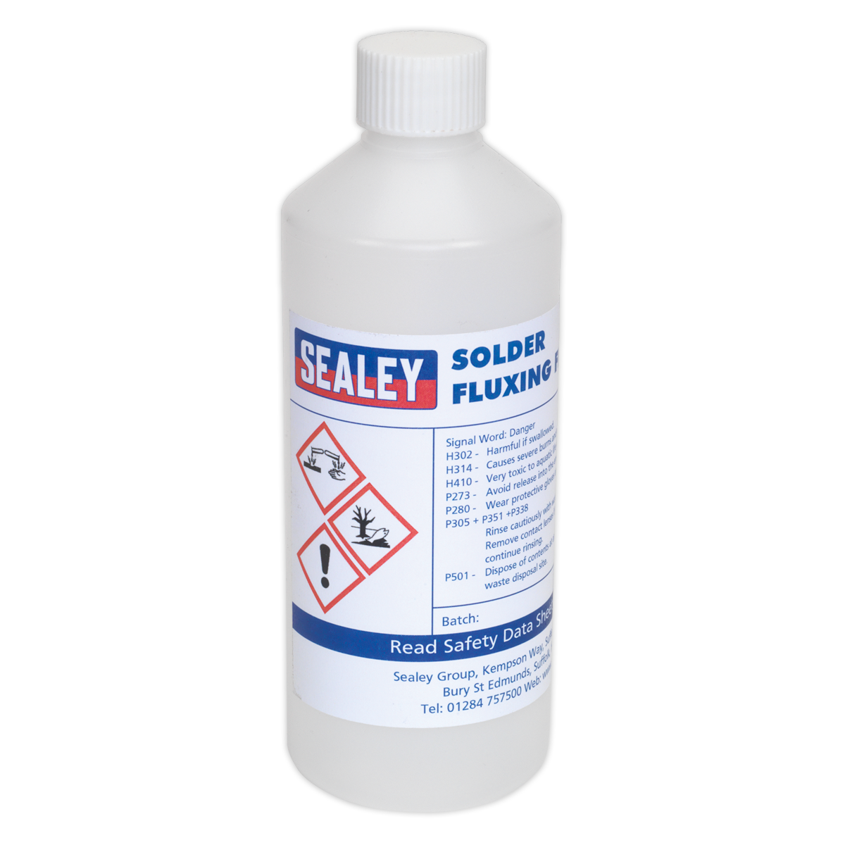 A 500ml plastic bottle labeled "Solder Fluxing Fluid 500ml Bottle - SOLFLUX" from the brand Sealey, featuring hazard symbols indicating health and safety warnings. The bottle contains liquid flux used for soldering purposes.