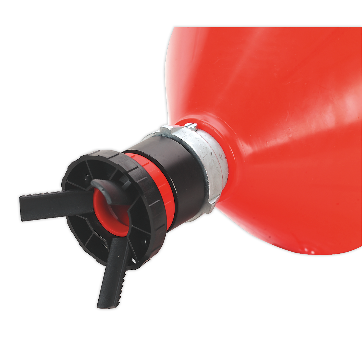 Close-up view of the nozzle end of the Solvent Safety Funnel with Universal Drum Adaptor - SOLV/SFU by Sealey, featuring a push-in tap and black screw cap pouring spout.