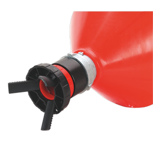 Close-up view of the nozzle end of the Solvent Safety Funnel with Universal Drum Adaptor - SOLV/SFU by Sealey, featuring a push-in tap and black screw cap pouring spout.