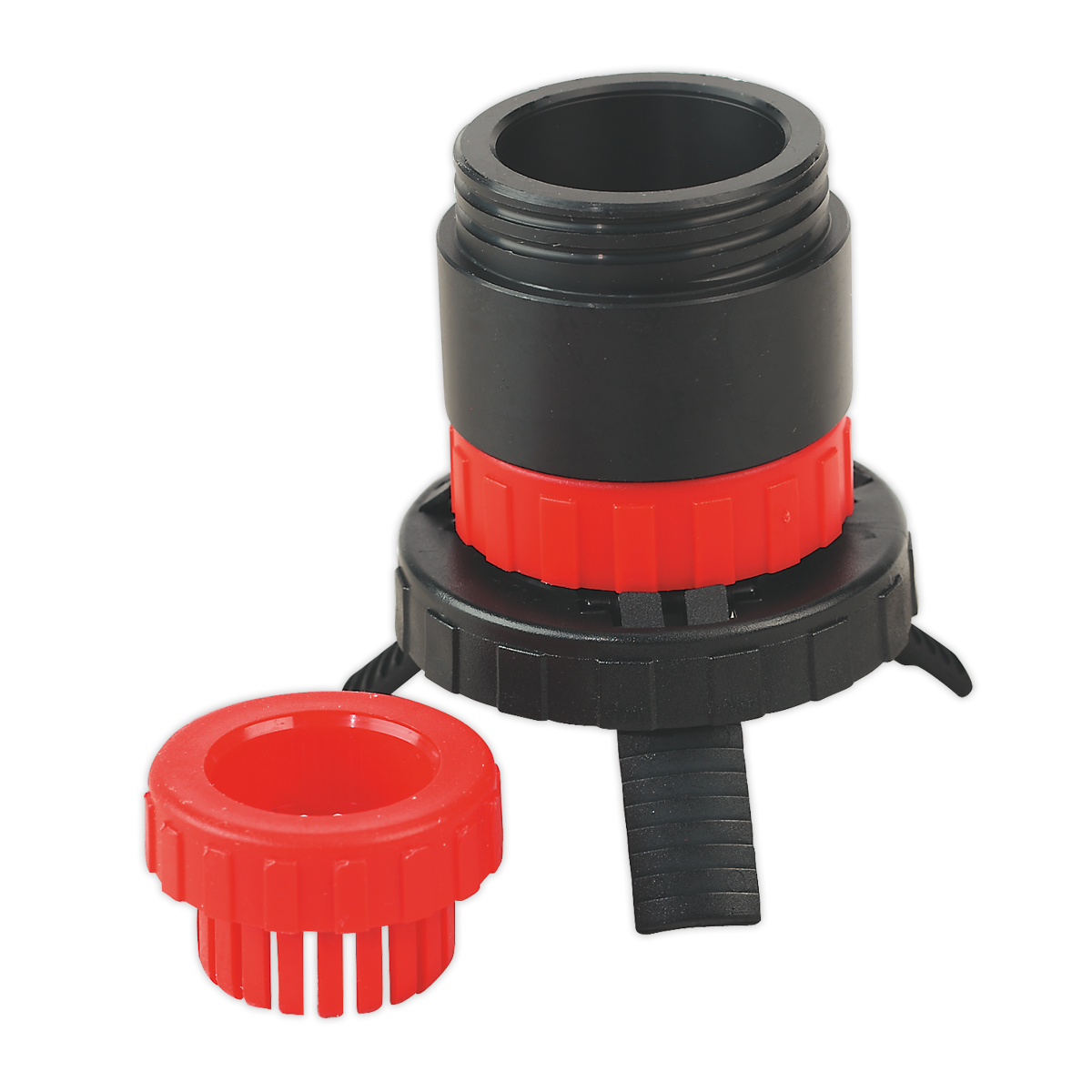 A black and red plastic threaded connector with a removable red cap, identified as the Sealey Universal Drum Adaptor for SOLV/SF to Plastic Pouring Spouts - Model No. SOLV/SFX, lies on a white background.