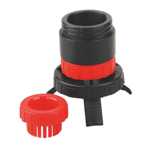 A black and red plastic threaded connector with a removable red cap, identified as the Sealey Universal Drum Adaptor for SOLV/SF to Plastic Pouring Spouts - Model No. SOLV/SFX, lies on a white background.