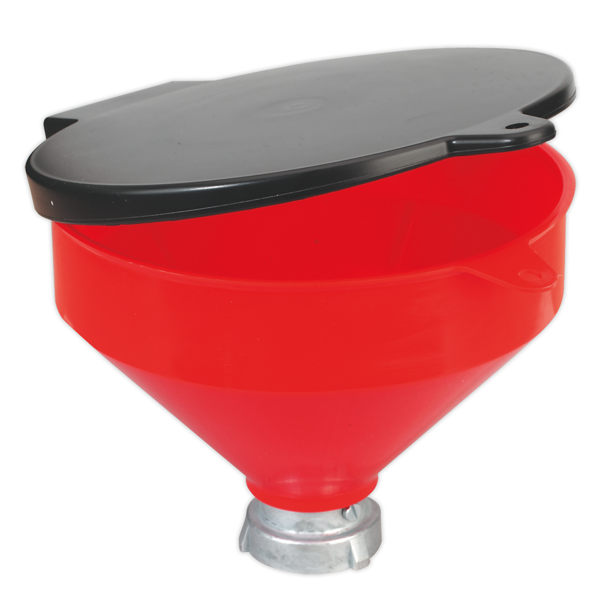 The Sealey Solvent Safety Funnel with Flip Top - SOLV/SF features a red color and a hinged, black lid, making it ideal for handling solvents.