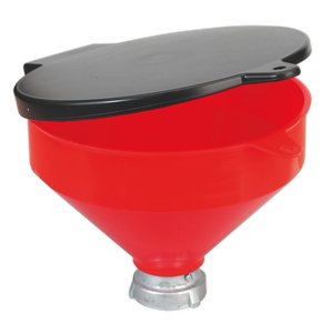 The Sealey Solvent Safety Funnel with Flip Top - SOLV/SF features a red color and a hinged, black lid, making it ideal for handling solvents.