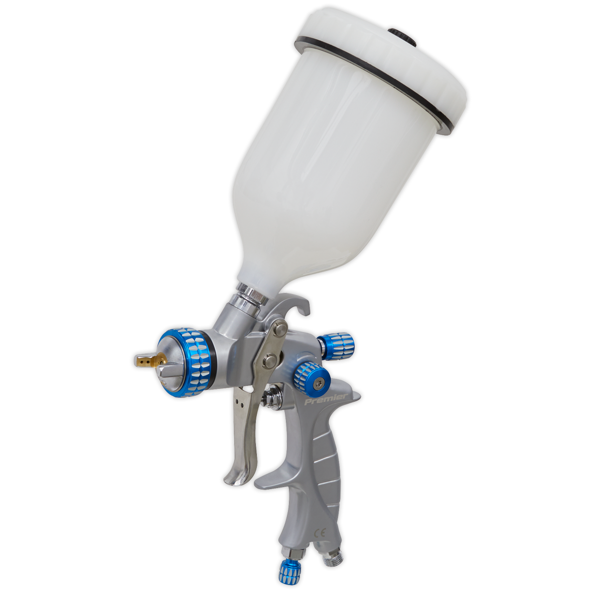 A Sealey SP Gravity Feed Spray Gun - 1.4mm Set-Up (SP01) in silver with blue accents, featuring MVMP technology and equipped with a white plastic paint container on top.