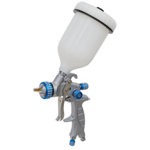 A Sealey SP Gravity Feed Spray Gun - 1.4mm Set-Up (SP01) in silver with blue accents, featuring MVMP technology and equipped with a white plastic paint container on top.