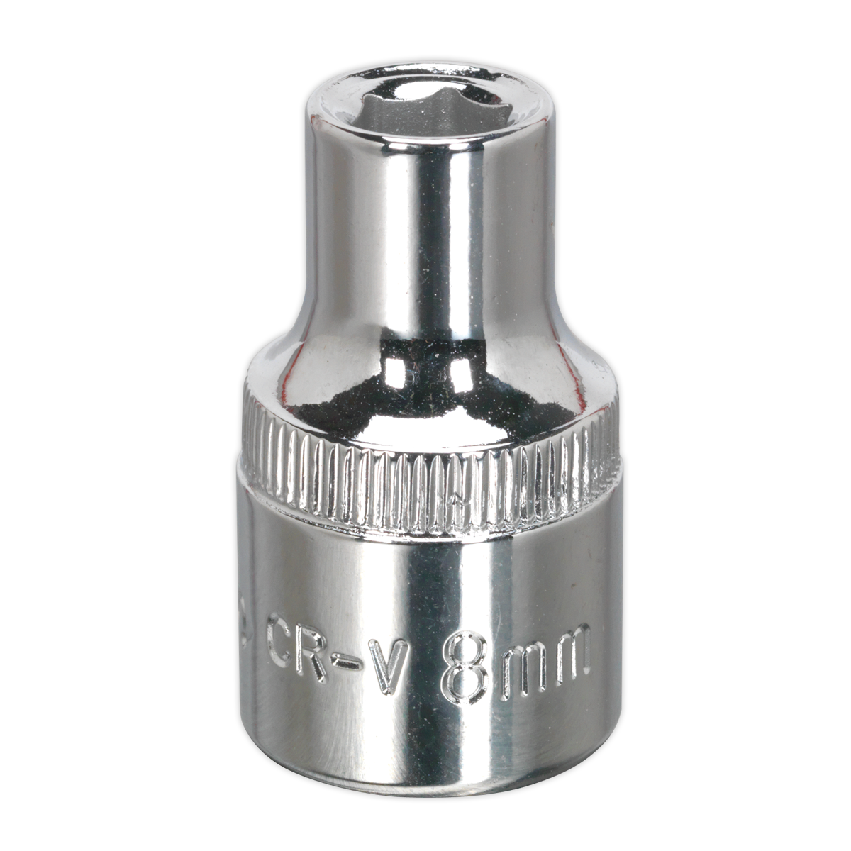 A shiny, fully polished WallDrive® Socket with a cylindrical shape and a hexagonal opening at one end. This 8mm marvel, known as the SP1208, comes from Sealey and boasts a lifetime guarantee for unmatched durability.