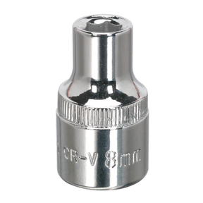 A shiny, fully polished WallDrive® Socket with a cylindrical shape and a hexagonal opening at one end. This 8mm marvel, known as the SP1208, comes from Sealey and boasts a lifetime guarantee for unmatched durability.