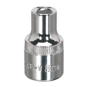 A shiny, fully polished WallDrive® Socket with a cylindrical shape and a hexagonal opening at one end. This 8mm marvel, known as the SP1208, comes from Sealey and boasts a lifetime guarantee for unmatched durability.