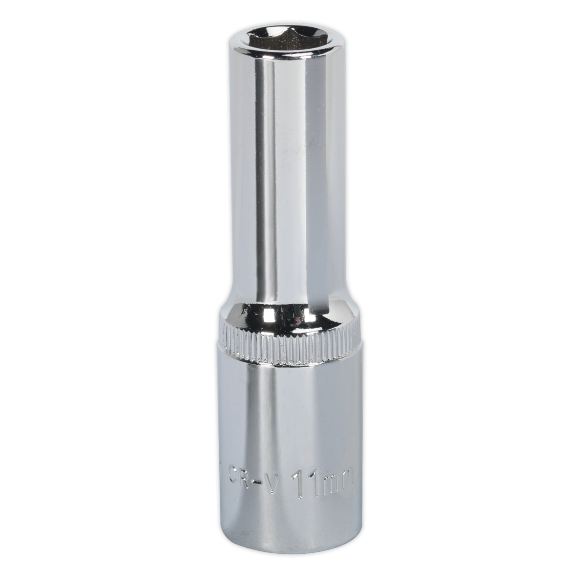 A fully polished deep socket marked with "11mm," featuring a 1/2" square drive and crafted for durability. Backed by Sealey, this WallDrive® Socket SP1211D is made from Chrome Vanadium steel and comes with a lifetime guarantee.