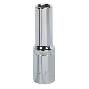 A fully polished deep socket marked with "11mm," featuring a 1/2" square drive and crafted for durability. Backed by Sealey, this WallDrive® Socket SP1211D is made from Chrome Vanadium steel and comes with a lifetime guarantee.